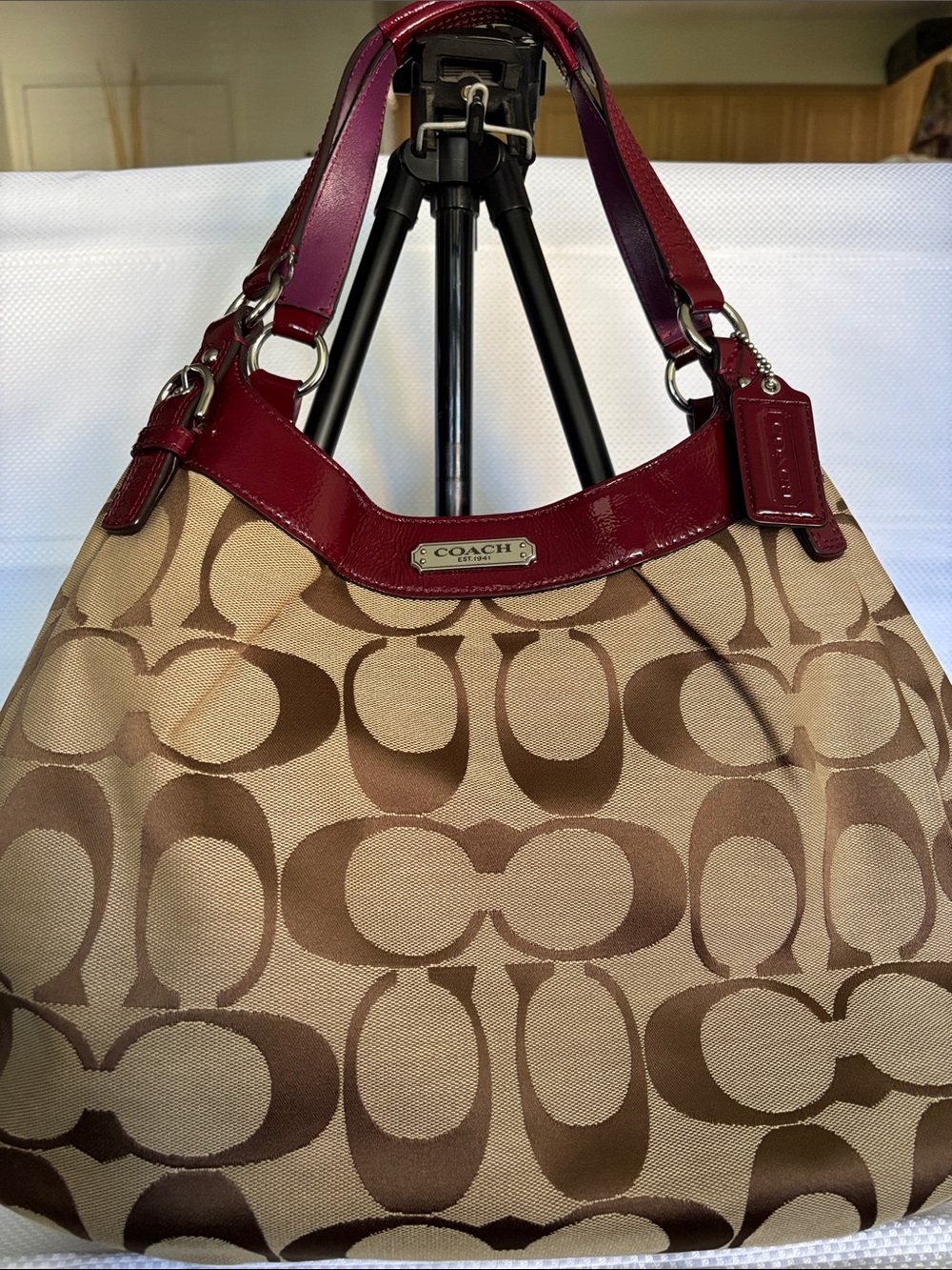 Coach Brown Signature Canvas Shoulder Bag with Red Trim